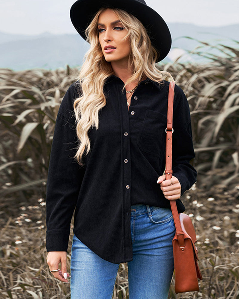 Corduroy Shirts Long Sleeve Oversized Causal Button Down Blouses Tops with Pockets