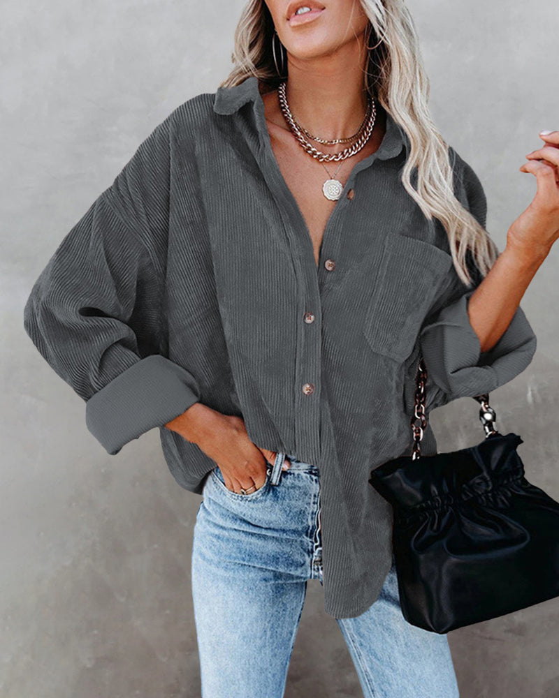 Corduroy Shirts Long Sleeve Oversized Causal Button Down Blouses Tops with Pockets