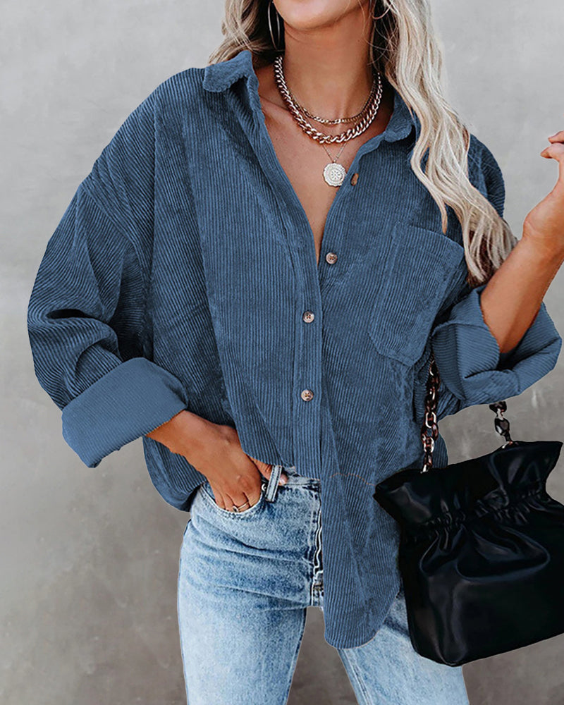 Corduroy Shirts Long Sleeve Oversized Causal Button Down Blouses Tops with Pockets