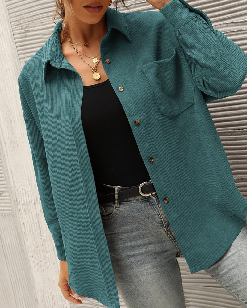 Corduroy Shirts Long Sleeve Oversized Causal Button Down Blouses Tops with Pockets