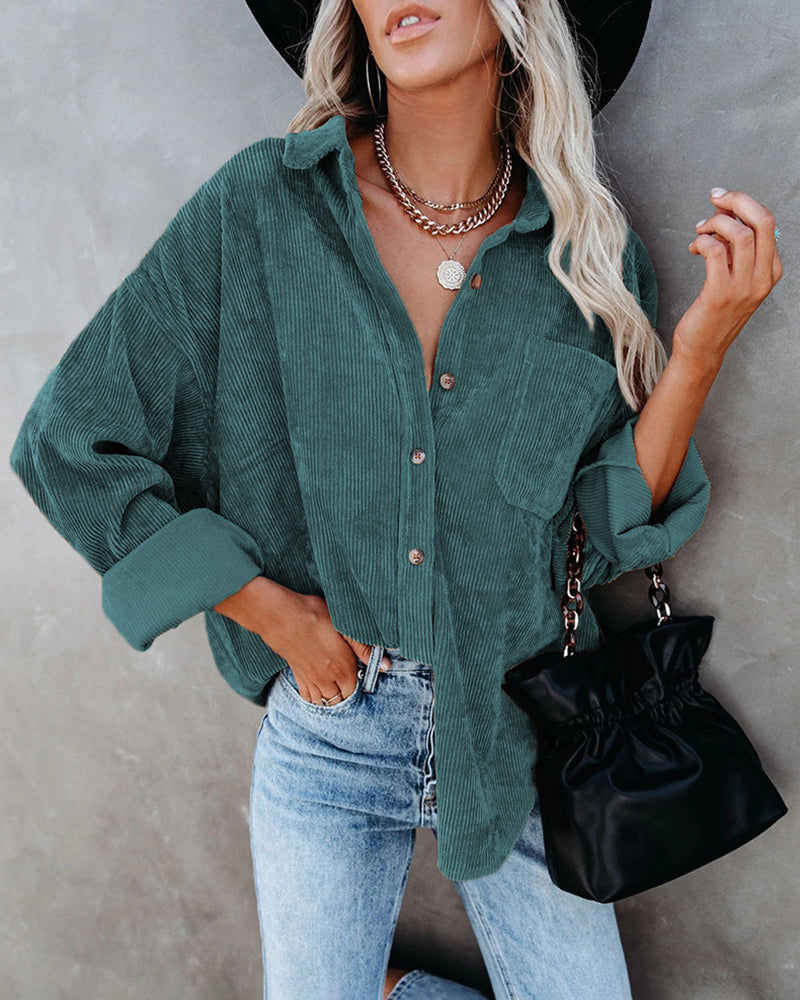 Corduroy Shirts Long Sleeve Oversized Causal Button Down Blouses Tops with Pockets