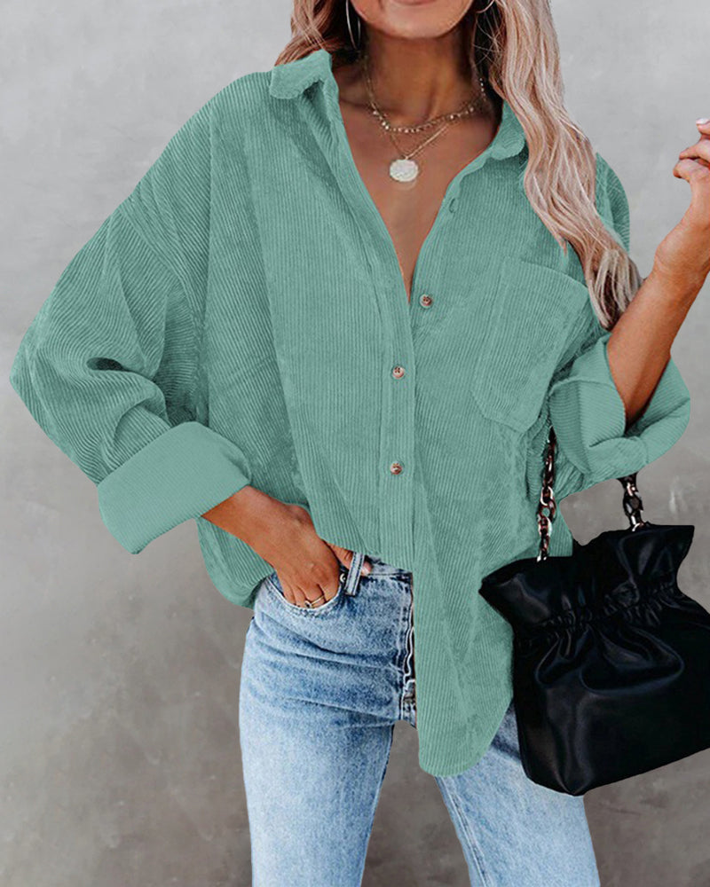 Corduroy Shirts Long Sleeve Oversized Causal Button Down Blouses Tops with Pockets