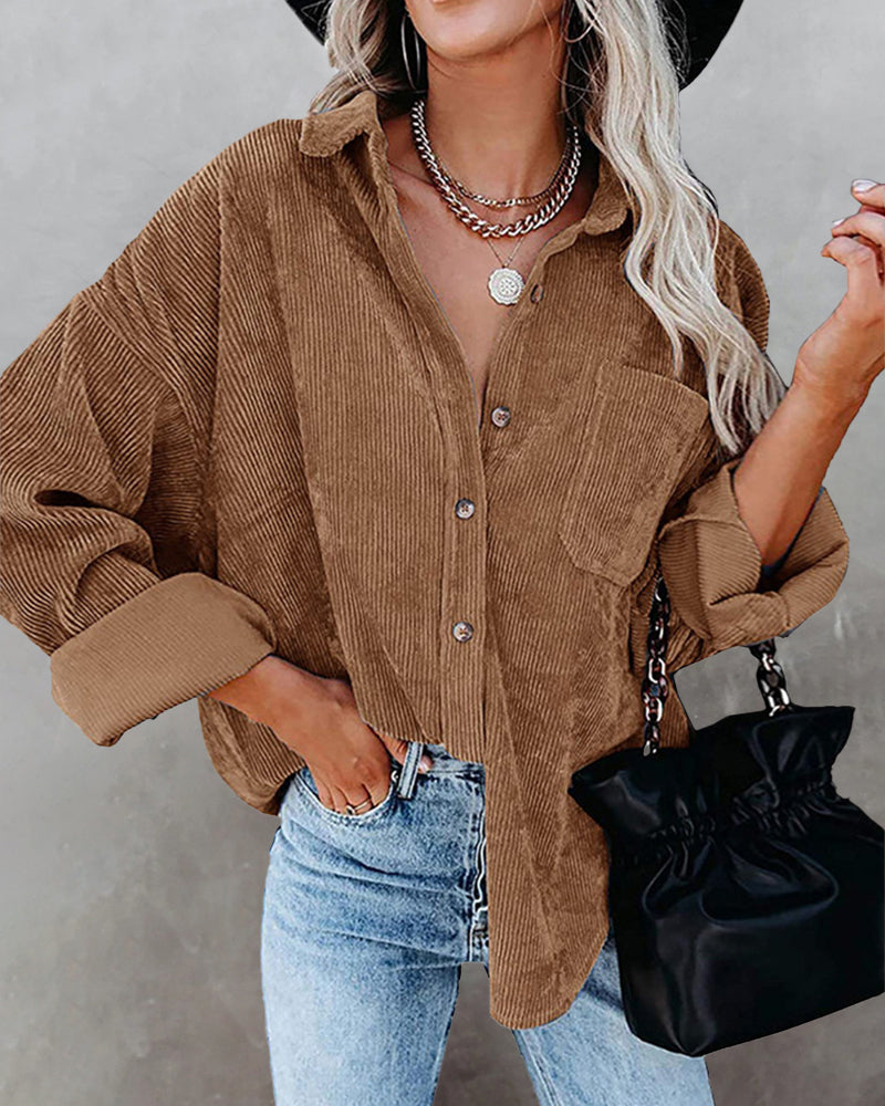 Corduroy Shirts Long Sleeve Oversized Causal Button Down Blouses Tops with Pockets