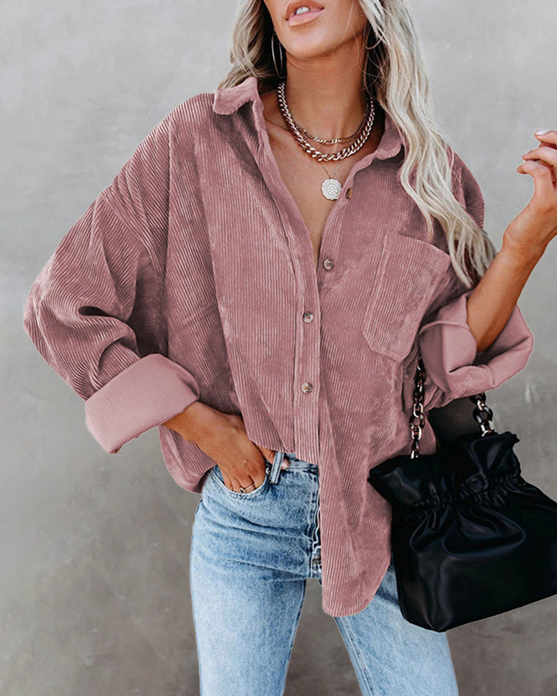 Corduroy Shirts Long Sleeve Oversized Causal Button Down Blouses Tops with Pockets