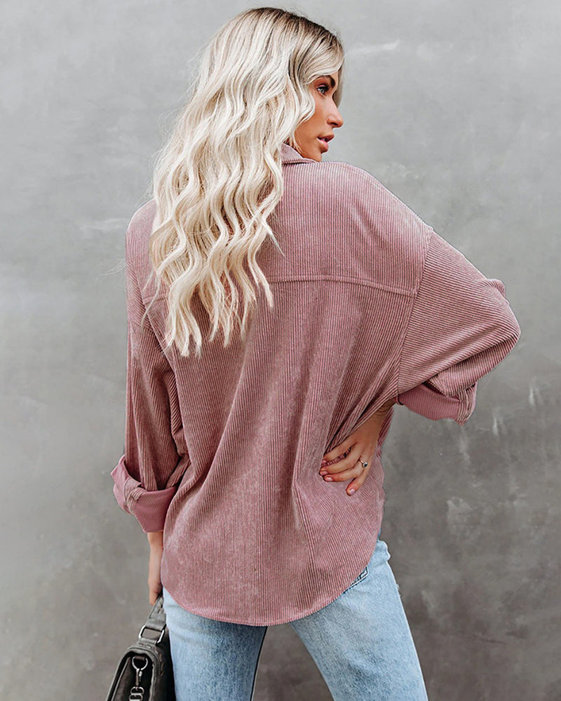 Corduroy Shirts Long Sleeve Oversized Causal Button Down Blouses Tops with Pockets