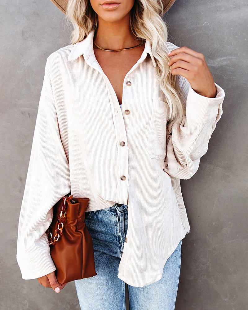 Corduroy Shirts Long Sleeve Oversized Causal Button Down Blouses Tops with Pockets