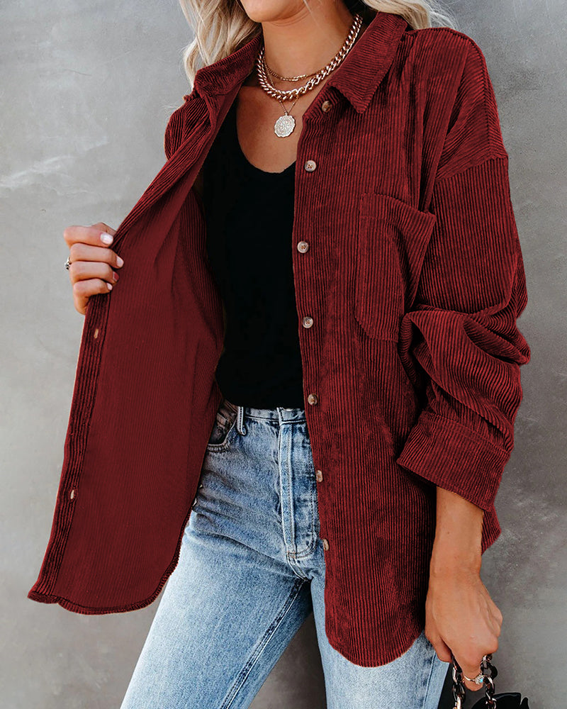 Corduroy Shirts Long Sleeve Oversized Causal Button Down Blouses Tops with Pockets