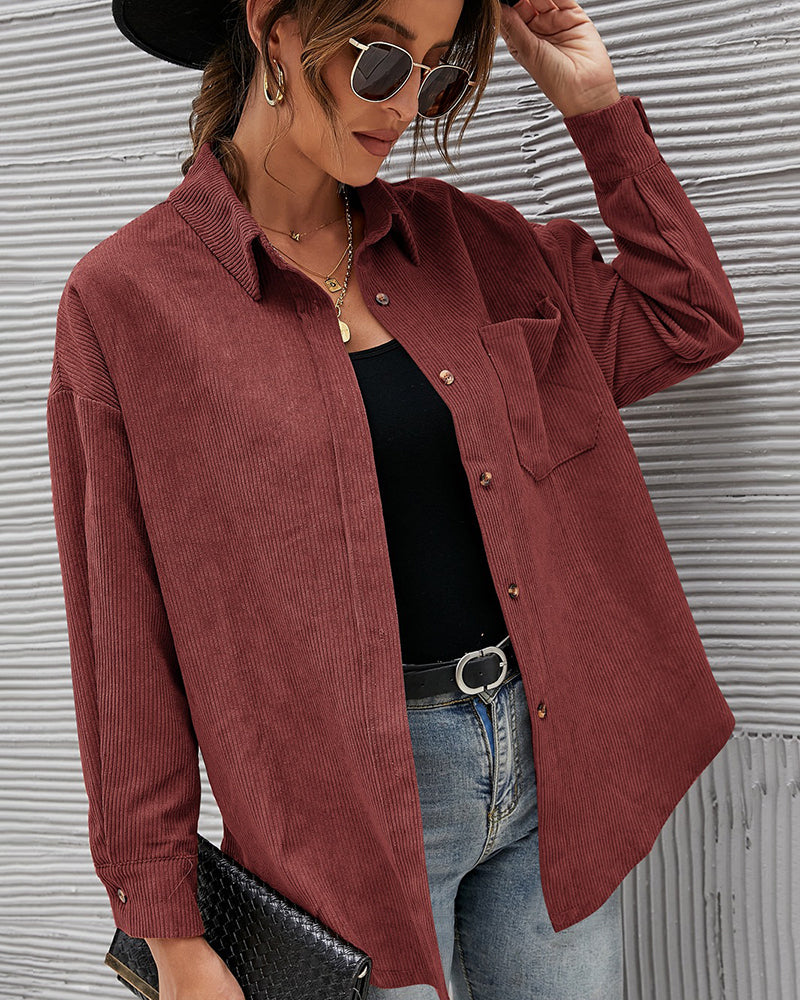 Corduroy Shirts Long Sleeve Oversized Causal Button Down Blouses Tops with Pockets