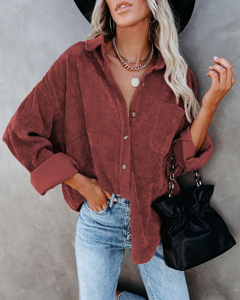 Corduroy Shirts Long Sleeve Oversized Causal Button Down Blouses Tops with Pockets