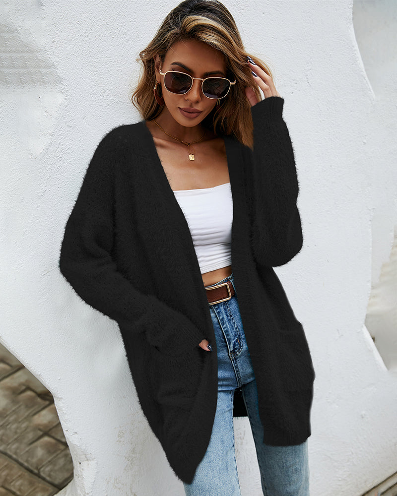Fuzzy Knitted Sweater Cardigan with Pockets Soft Open Front Long Sweater Outerwear