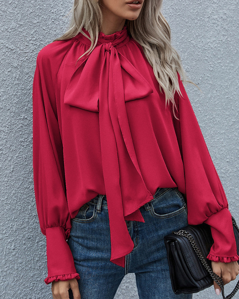 Plain Collared Chiffon Shirt High Neck Bow Tie Bubble Long Sleeve Blouse