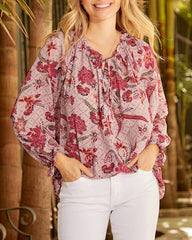 Round Neck Long Sleeve Shirt Floral Print Lantern Sleeve Tunic Top