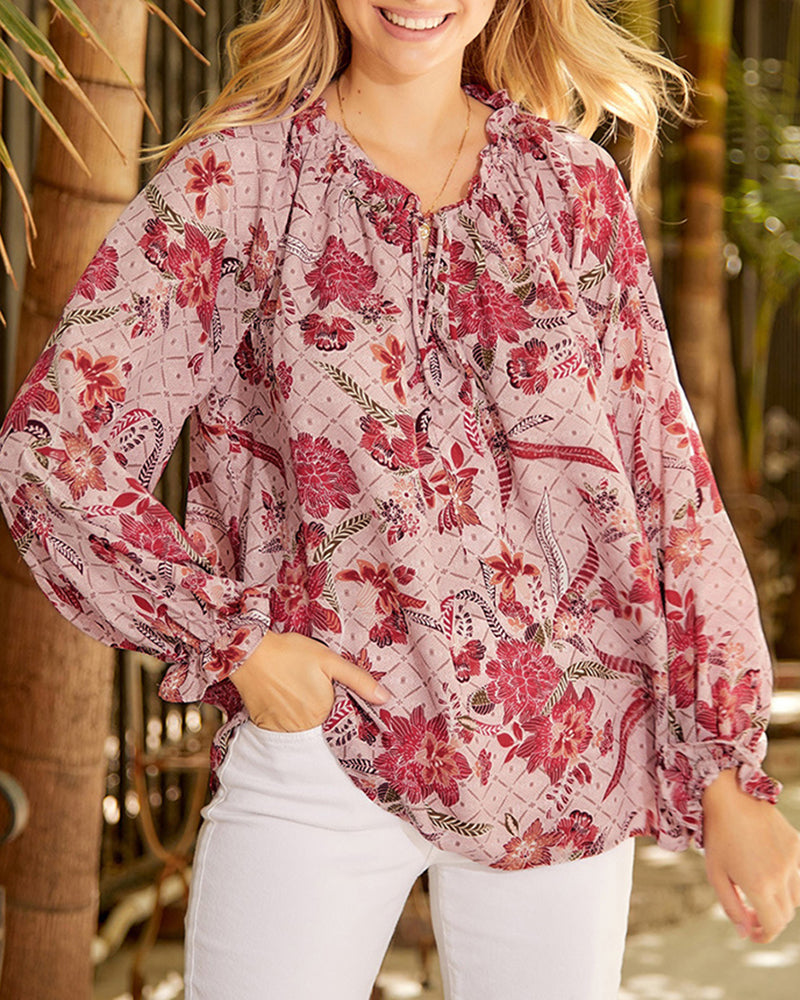 Round Neck Long Sleeve Shirt Floral Print Lantern Sleeve Tunic Top