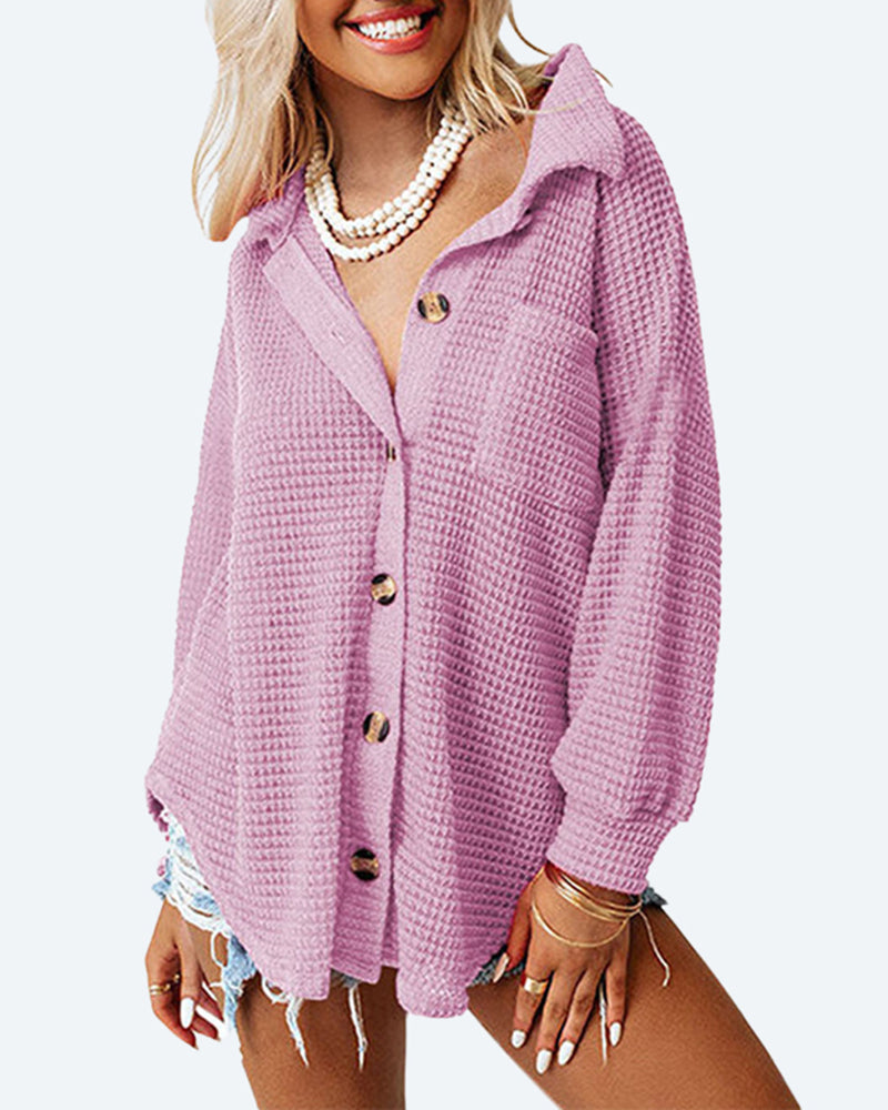 Waffle Knit Button Down Shirt Long Sleeve Loose Solid Color Tops