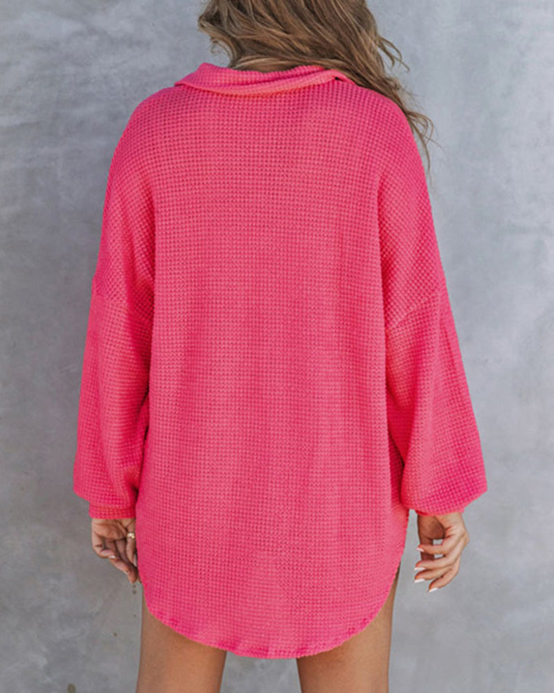 Waffle Knit Button Down Shirt Long Sleeve Loose Solid Color Tops