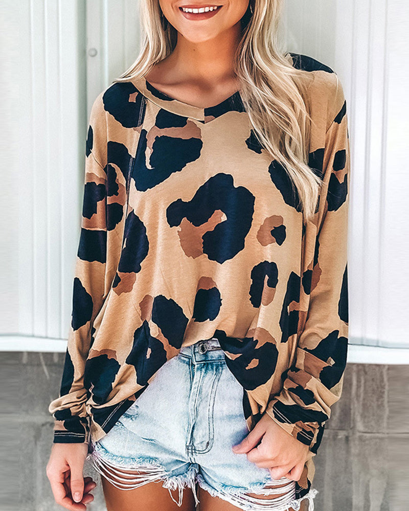 Long Sleeve Tops Leopard Round Neck Tee Casual Plus Size Blouse Tops