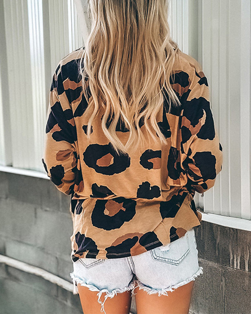 Long Sleeve Tops Leopard Round Neck Tee Casual Plus Size Blouse Tops