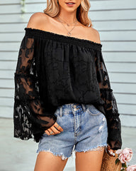 Off The Shoulder Tops Floral Print Casual Loose Chiffon Bell Sleeve Blouse Shirts