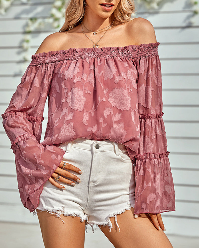 Off The Shoulder Tops Floral Print Casual Loose Chiffon Bell Sleeve Blouse Shirts