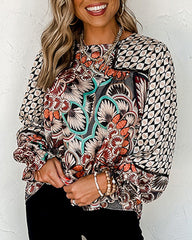 Ethnic Style Printed Chiffon Shirt Women's Long-sleeved Loose Top