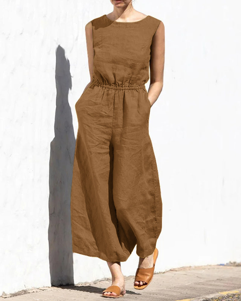 Elastic Waist Playsuit Plain Sleeveless Wide Leg Long Jumpsuit