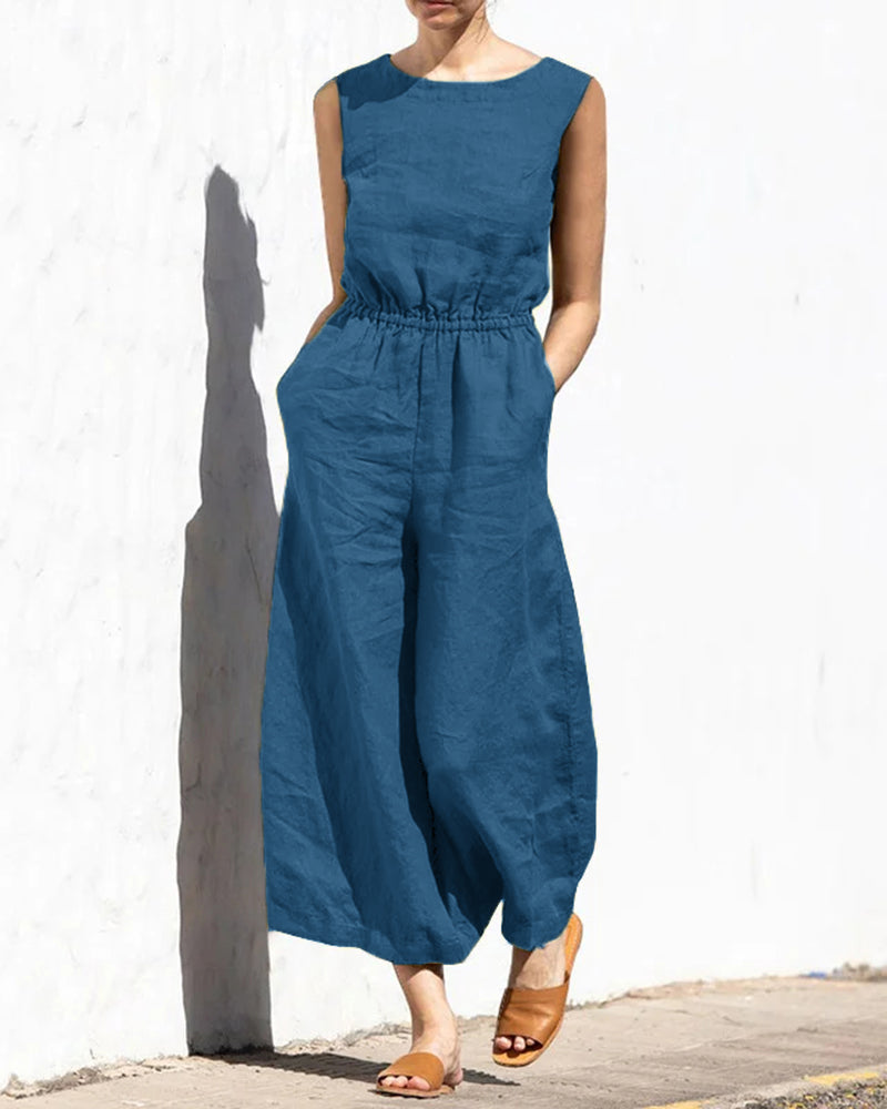 Elastic Waist Playsuit Plain Sleeveless Wide Leg Long Jumpsuit