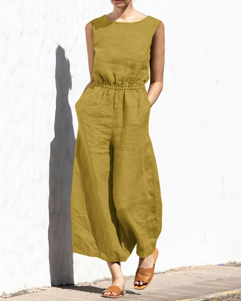 Elastic Waist Playsuit Plain Sleeveless Wide Leg Long Jumpsuit