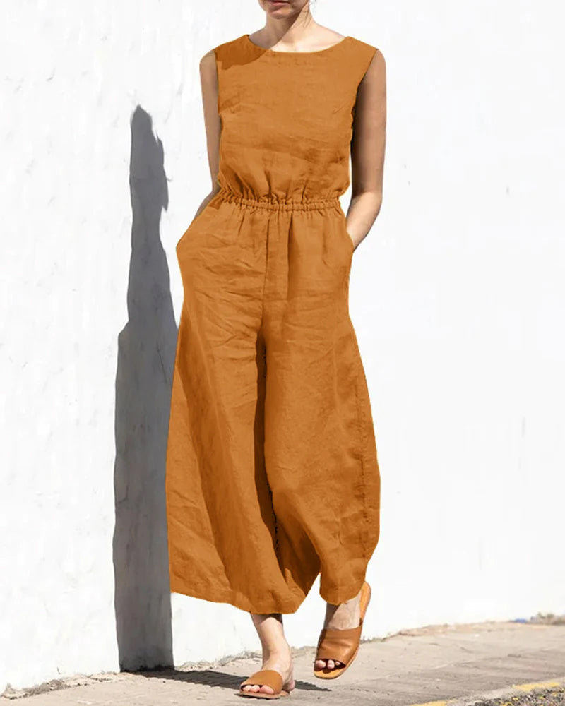 Elastic Waist Playsuit Plain Sleeveless Wide Leg Long Jumpsuit