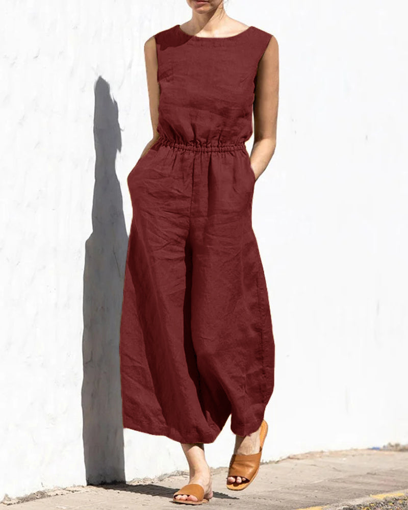 Elastic Waist Playsuit Plain Sleeveless Wide Leg Long Jumpsuit