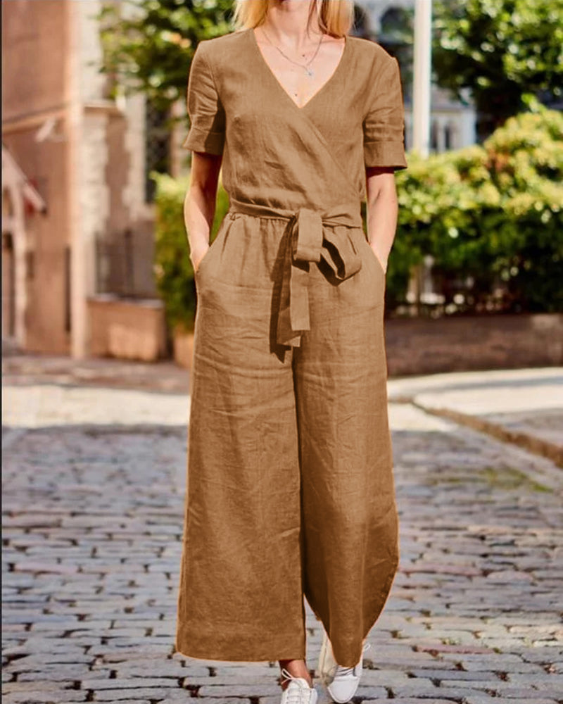 Short Sleeve Solid Color V Neck Soft Romper Jumpsuit with Belt