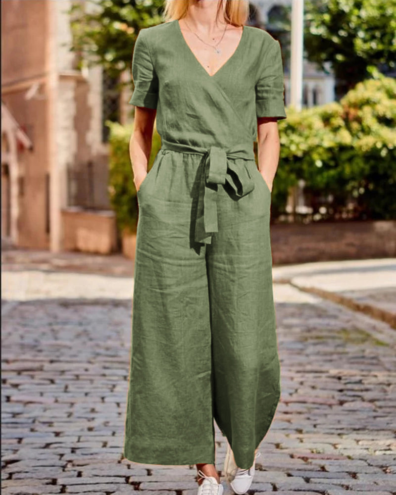 Short Sleeve Solid Color V Neck Soft Romper Jumpsuit with Belt