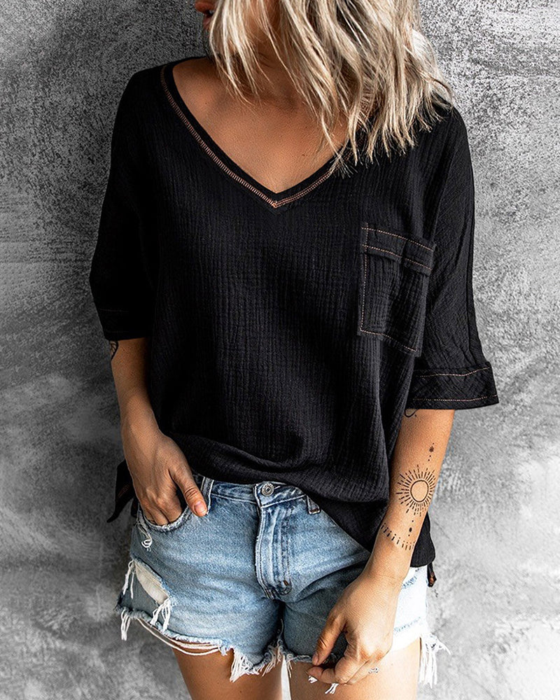 Casual V Neck Tops 3/4 Sleeve T-Shirt Tees with Pocket