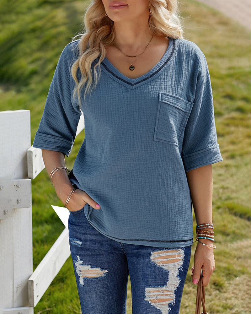 Casual V Neck Tops 3/4 Sleeve T-Shirt Tees with Pocket