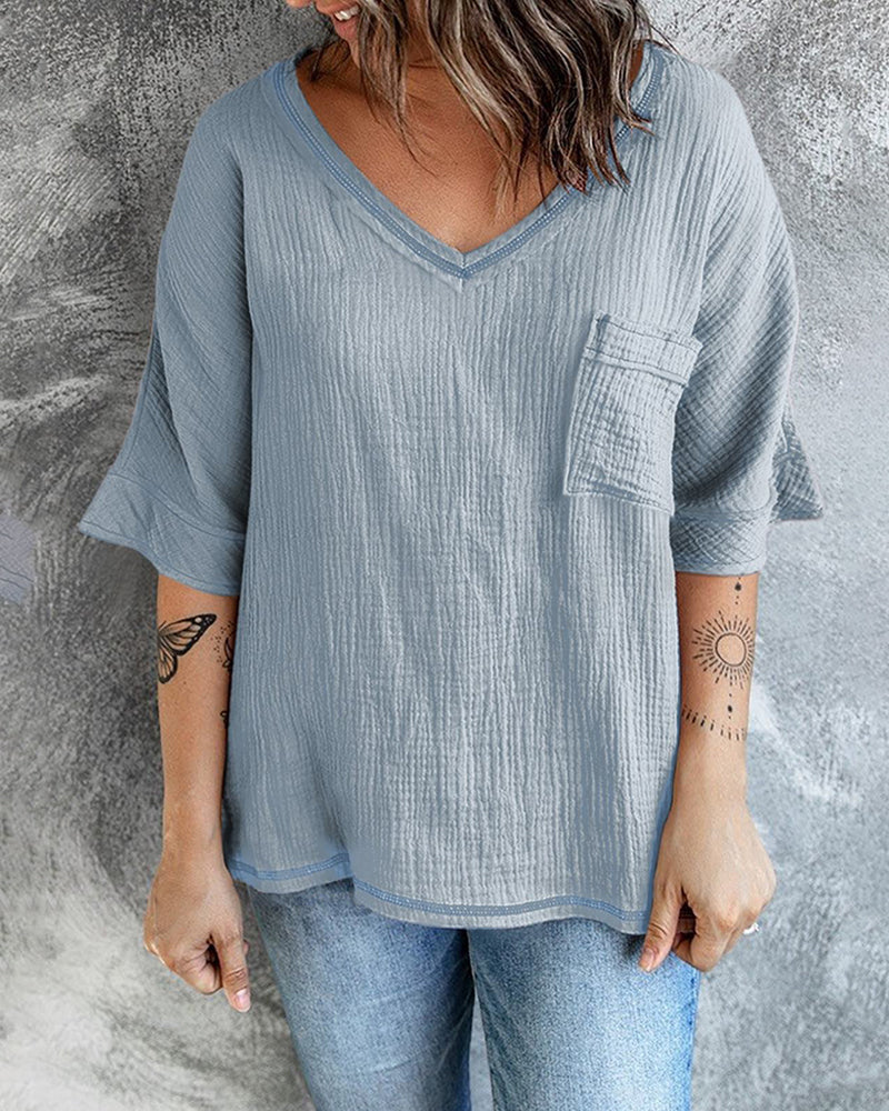 Casual V Neck Tops 3/4 Sleeve T-Shirt Tees with Pocket