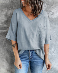 Casual V Neck Tops 3/4 Sleeve T-Shirt Tees with Pocket