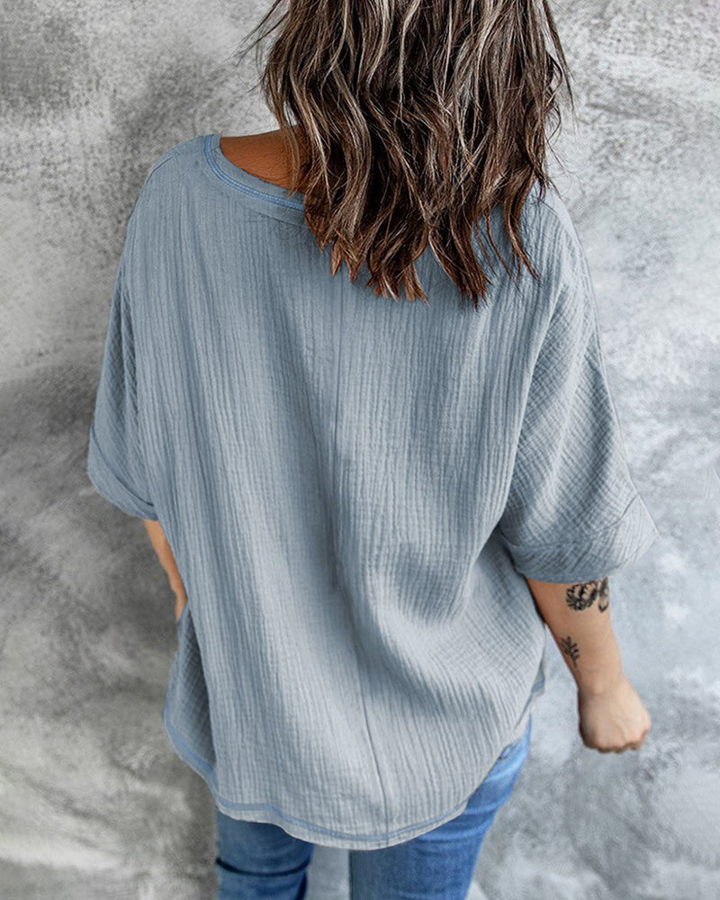 Casual V Neck Tops 3/4 Sleeve T-Shirt Tees with Pocket