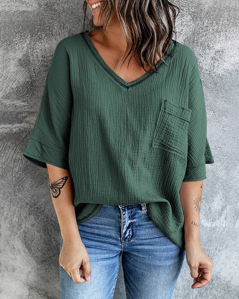 Casual V Neck Tops 3/4 Sleeve T-Shirt Tees with Pocket