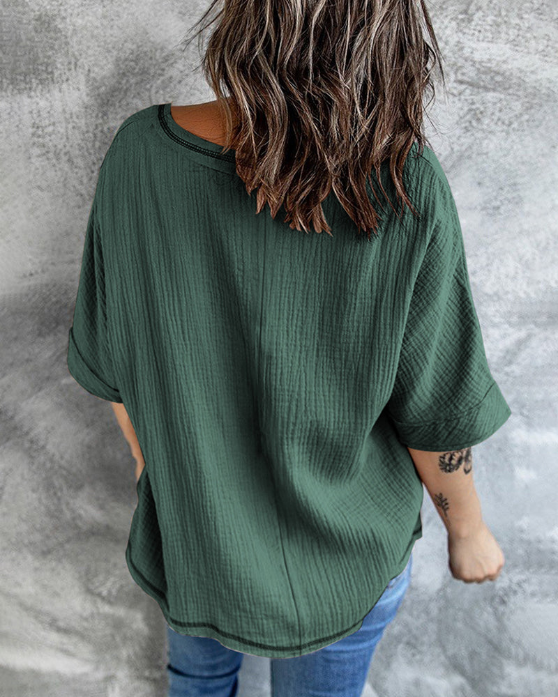 Casual V Neck Tops 3/4 Sleeve T-Shirt Tees with Pocket