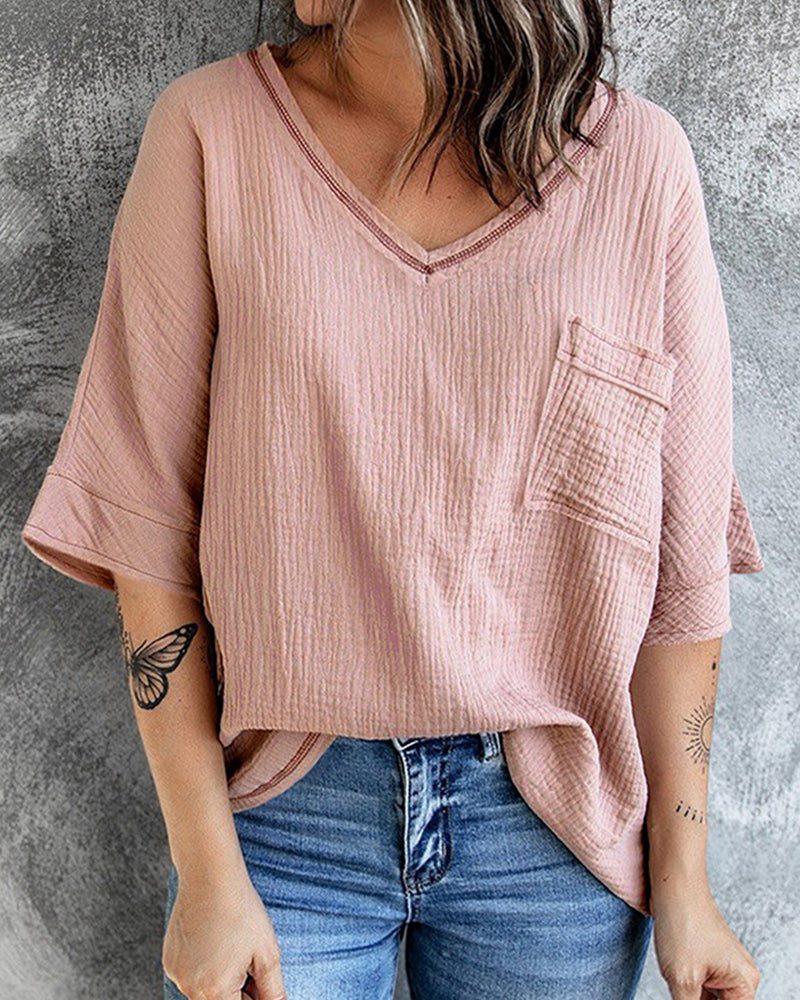 Casual V Neck Tops 3/4 Sleeve T-Shirt Tees with Pocket