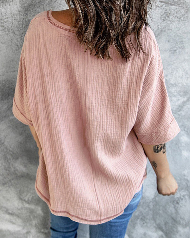 Casual V Neck Tops 3/4 Sleeve T-Shirt Tees with Pocket