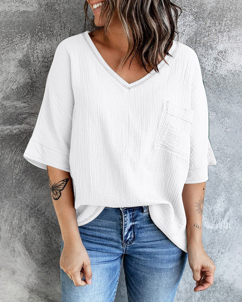 Casual V Neck Tops 3/4 Sleeve T-Shirt Tees with Pocket