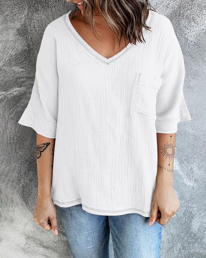 Casual V Neck Tops 3/4 Sleeve T-Shirt Tees with Pocket