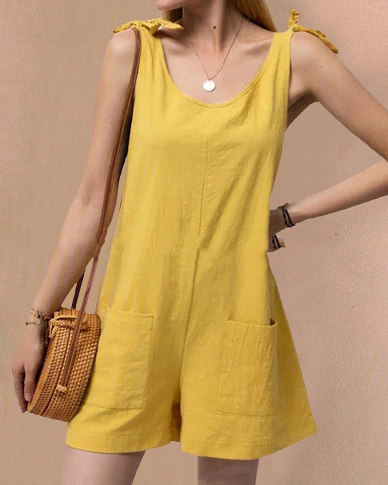 Solid Color Jumpsuits Summer Comfort Pocket Sleeveless Shorts Jumpsuits