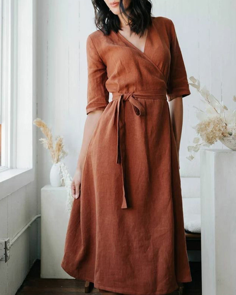 Copper Wrap Dress with Pockets Long Sleeves A Line Fitted Waist Dress