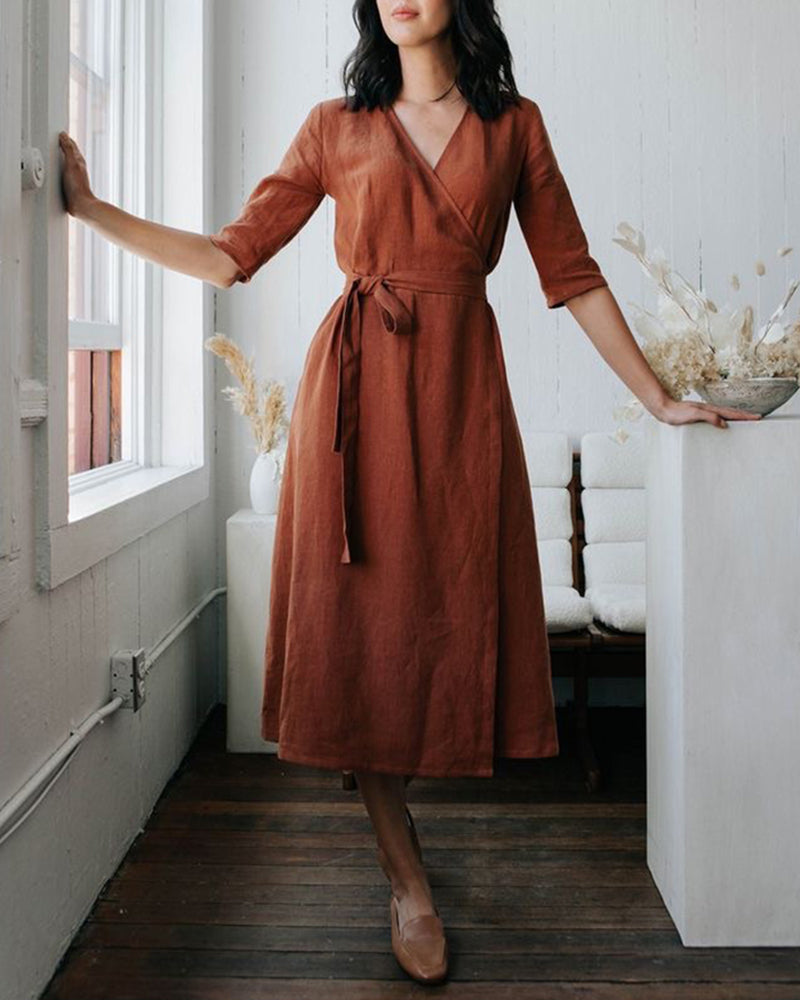 Copper Wrap Dress with Pockets Long Sleeves A Line Fitted Waist Dress