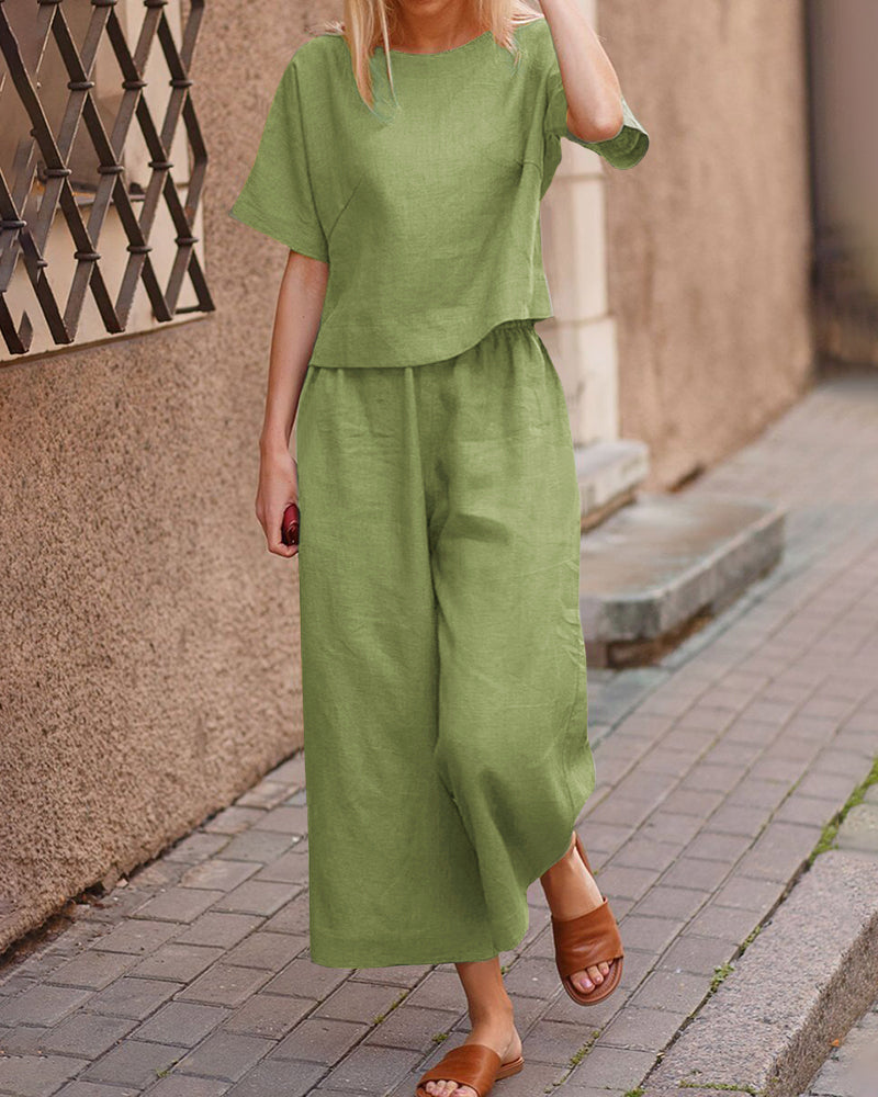 Short Sleeve Tops and Long Wide Leg Pants Casual Loose Fit Two Piece Loungewear Sets