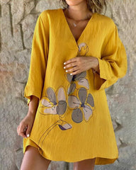 V-Neck Baggy Midi Dress Tshirt Top Long -Sleeve A Line Swing Dress