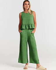 2 Piece Outfits Sleeveless Ruffle Tank Crop Top and Wide Leg Pants Lounge Set with Pockets