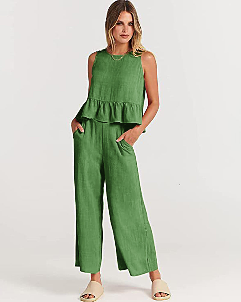 2 Piece Outfits Sleeveless Ruffle Tank Crop Top and Wide Leg Pants Lounge Set with Pockets