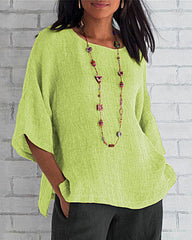 Cropped Sleeves Cotton Linen T-Shirt Boho Vintage Loose Fit Tunic Tops Plain Crewneck Tees